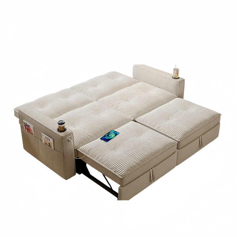 72.6" Convertible Sofa Bed, 2-in-1 Sleeper Sofa with USB Charging Ports & Side Pockets, Modern Corduroy Upholstered Sofa Couch with Steel Frame for Living Room, Bedroom, Apartment