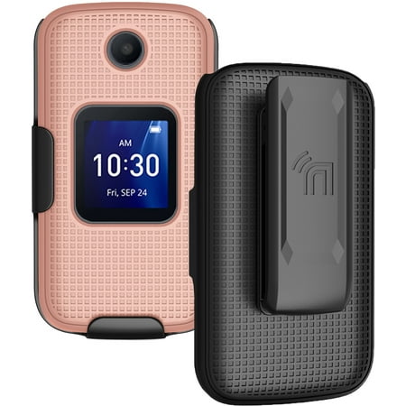 Case with Clip for Go Flip 4 / TCL FLIP Pro Phone, Nakedcellphone Slim Hard Shell Cover and [Rotating/Ratchet] Belt Hip Holster Holder Combo for Alcatel 4056W, 4056L, 4056Z, 4056V - Rose Gold Pink