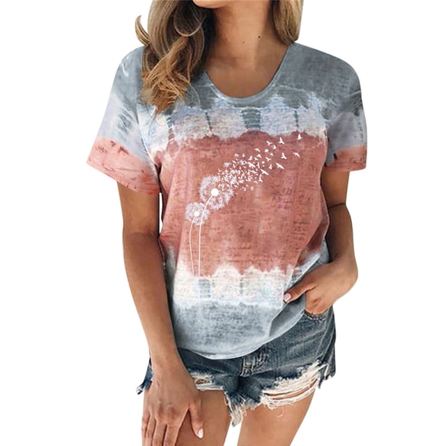 Hauts pour Femmes Décontractés Été Manches Courtes Tunique Ample T-Shirts Chic Henley Col Rond Mode Imprimé Blouses Basiques