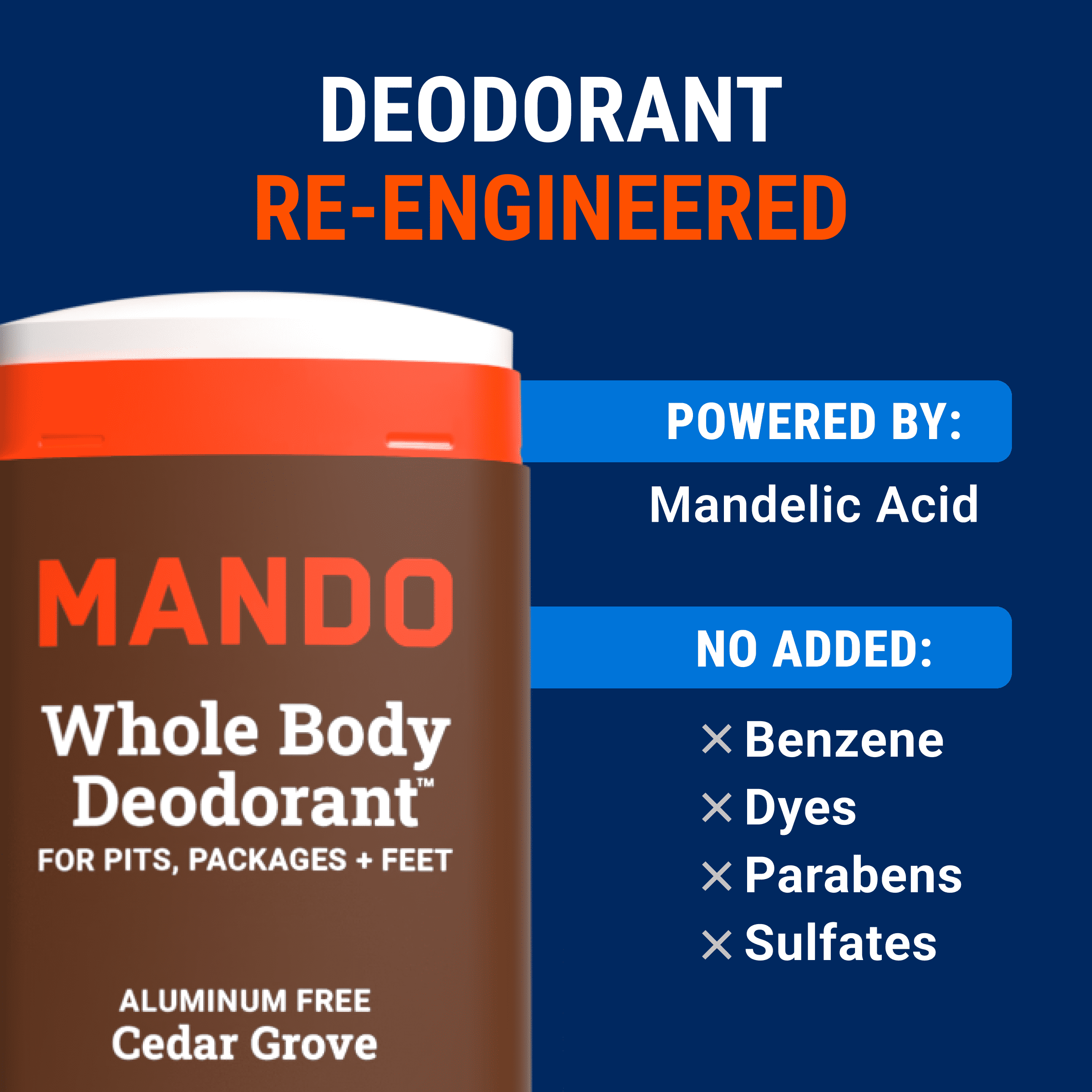 Mando Whole Body Deodorant Stick for Men, Aluminum-Free, 72-Hour Odor Control, Cedar Grove, 2.65 oz