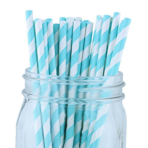 Just Artifacts Premium Disposable Drinking Striped Paper Straws 100pcs, Blue 