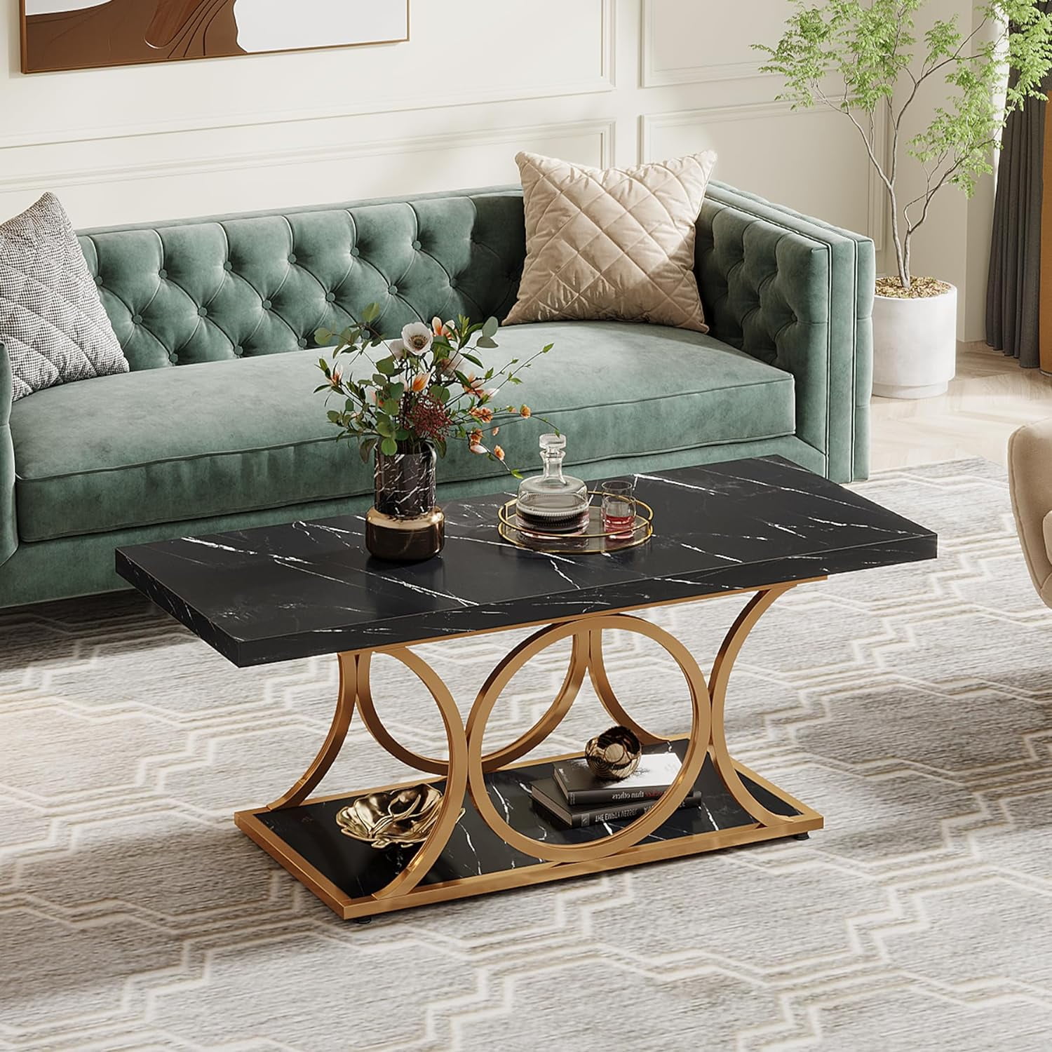 Tribesigns 47.24-inch Rectangle Coffee Table, 2-Tier Faux Marble Coffee Tables for Living Room, Black Gold