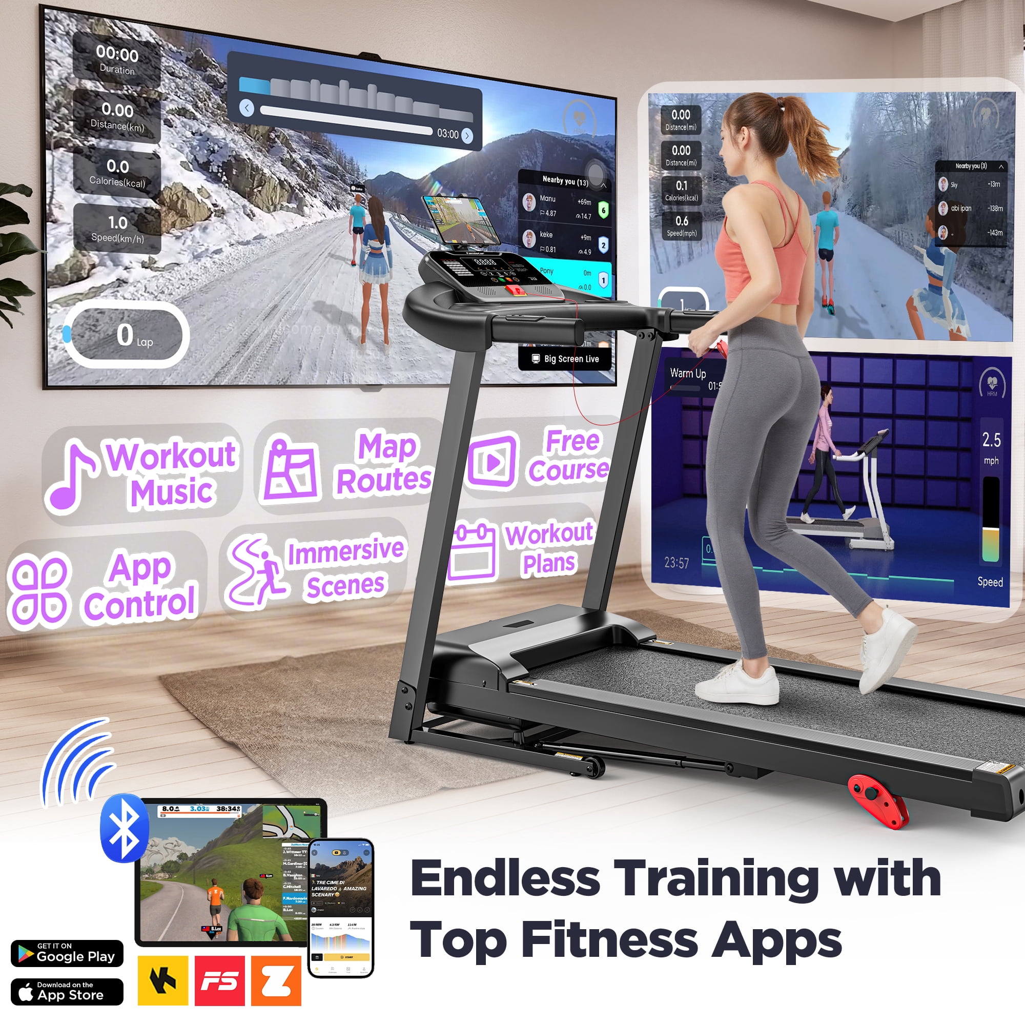 Treadmill for Home, Portable Folding Electric Exercise Treadmill with Adjustable Incline, APP Control, 64 Programs, 320 lb Capacity, 7.5MPH, Bluetooth Speakers, Running Walking Jogging, 12/23 Update