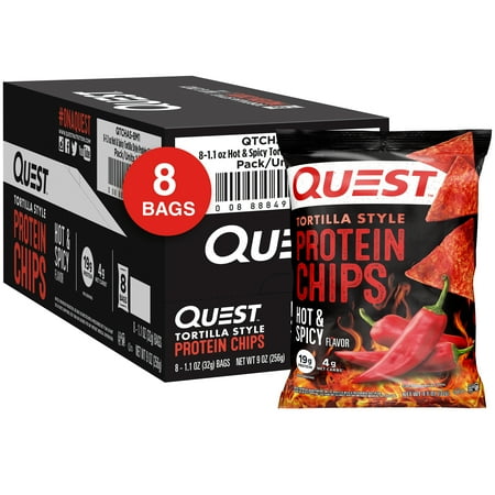 Quest Tortilla Style Protein Chips with 19g of Protein, Hot & Spicy Flavor, 1.1 Oz Bags, 8 Count
