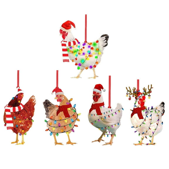 TEHAUX 5-Pack Assorted Color Funny Chicken Ornaments Hanging Decorations for Family Christmas Tree Pendant