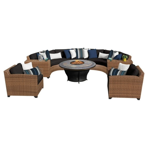 TK Classics Laguna 8 Piece Curved Wicker Patio Conversation Set with Tempe Firepit Table