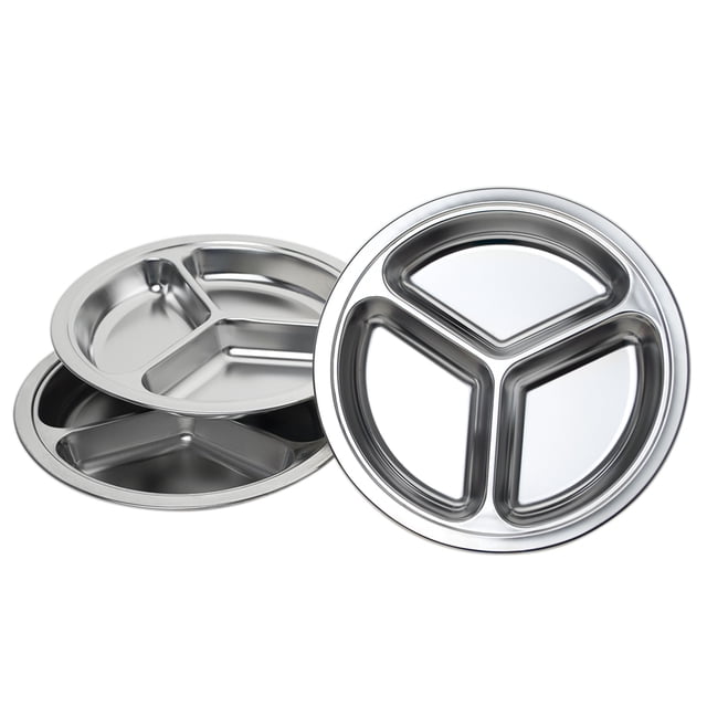 Aspire 3 Pack Assiette Ronde en Acier Inoxydable Assiettes Divisées Plateau de Service de Camping-3 Sections