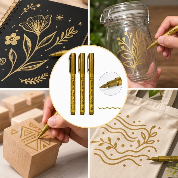 Acrylic Paint Marker Pen, 3 Pack Gold Pigment Markers, Smooth Writing Water Based for Art and Craft