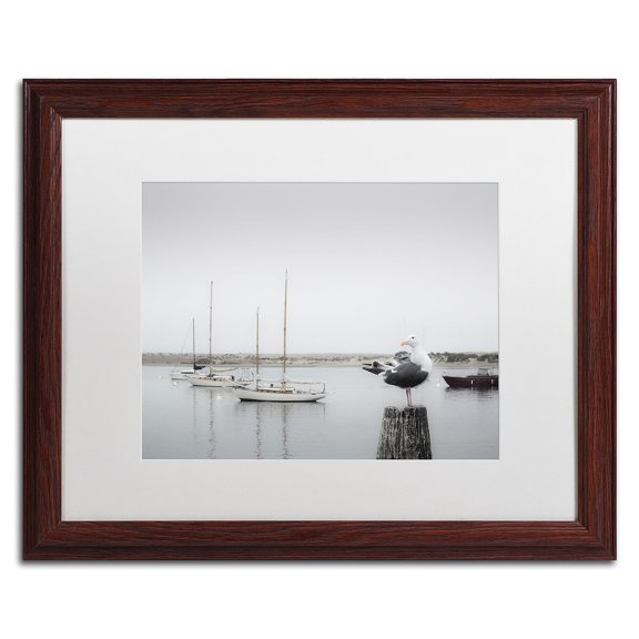 Trademark Fine Art "Four Boats and Seagull" Canvas Art by Moises Levy White Matte, Wood Frame