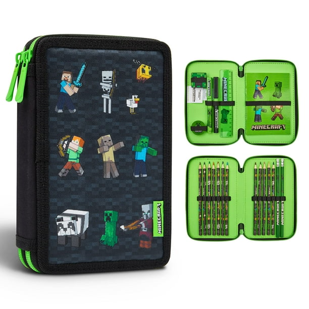 Estuche Infantil Minecraft con Múltiples Compartimentos Papelería Incluida - Material Escolar (Negro)
