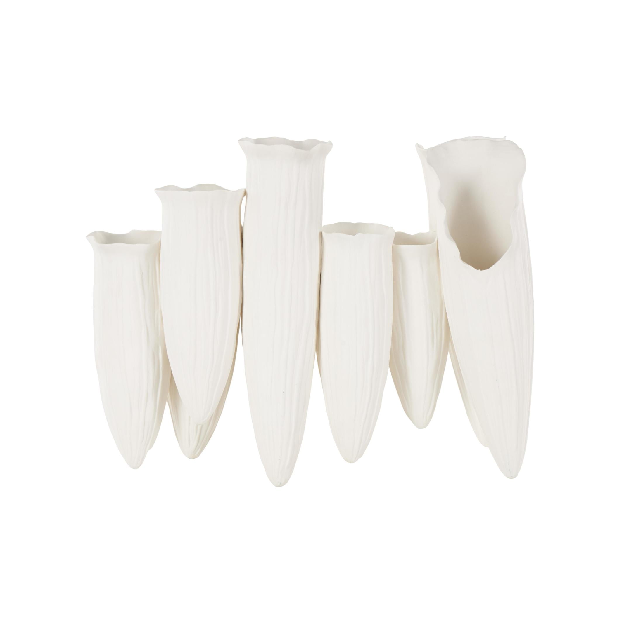 DecMode 11" Abstract Floral Inspired White Ceramic Vase with Linear Grooves and 10 Openings