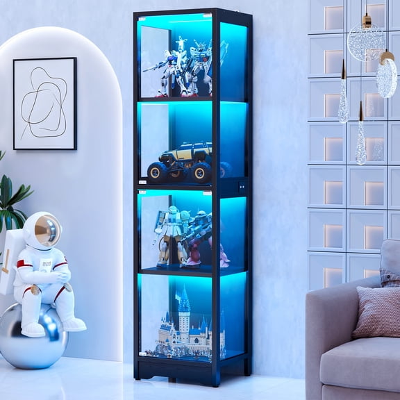 Display Cabinet with Adjustable shelves & LED Lights,4-Tier Modern Glass Display Case with Glass Doors for Living Room & Bedroom, Black