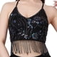 thumbnail image 4 of Top corto con borlas para danza del vientre, para fiesta, disfraz, lentejuelas, ajustable, con purpurina, para mujer Negro, 4 of 8