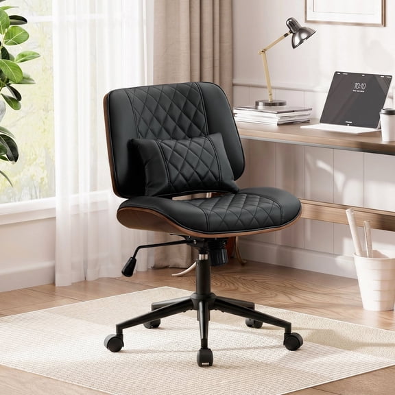 Armless Office Chair with Wheels, IPKIG Ergonomic PU Leather Walnut Desk Chair, Black