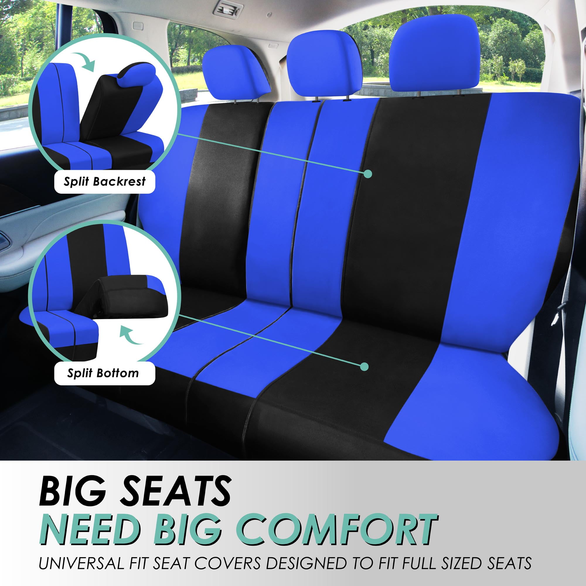 FH Group Universal Fit Flat Cloth Car Seat Cover Set For Car Truck SUV Van - Full Set Blue