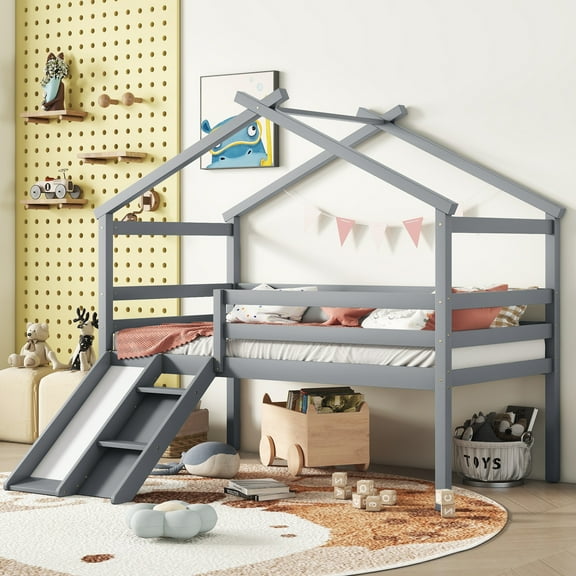 Twin Low Loft Bed with Slide, Ladder, Safety Guardrails, House Roof Frame, Grey