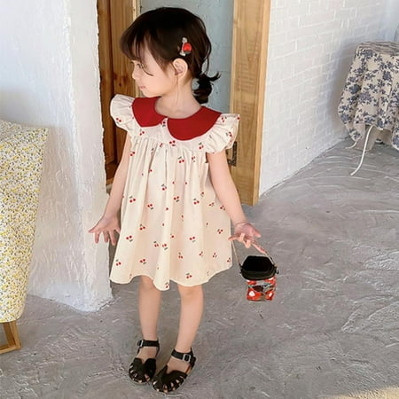 

PRAETER Girls Sweet Small Fresh Doll Collar Cherry Pattern Cotton Dress