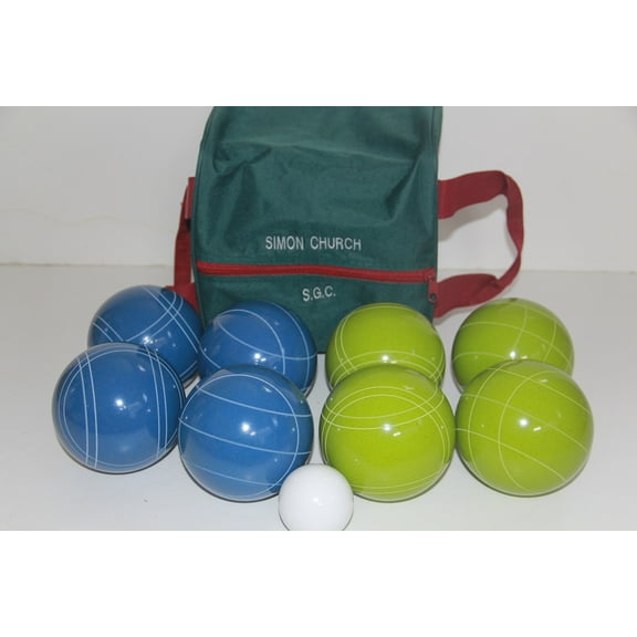 Italian/American Made, 110mm EPCO Bocce Set - Rustic Green/Blue Balls and Engraved Green/Maroon Bag