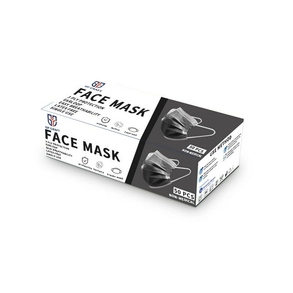 GP Craft 50 pcs FACE MASK, 3 Ply Protective Barrier, Single Use, Disposable Earloop  Home, Travel, Office, School, Work, Outdoors