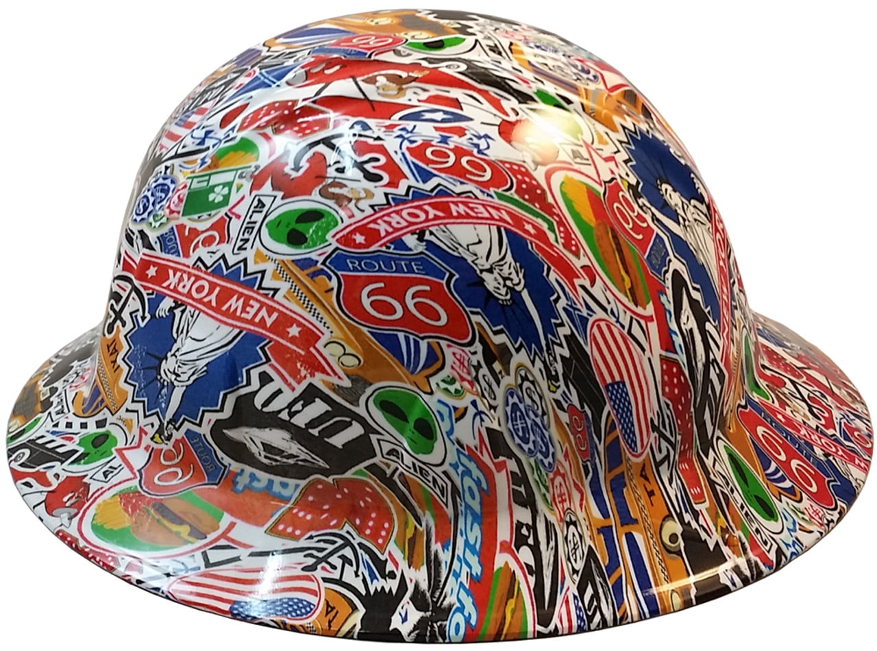 Route 66 Sticker Bomb Hydro Dipped Hard Hats, Full Brim Design with 4 Pt Suspension