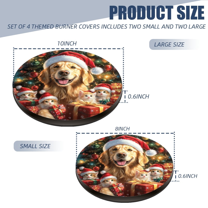 Christmas Burner Covers for Electric Stove, Red Christmas Cute Cats and Puppy Xmas Presents Round Metal Stove Burner Covers Expands Counter Space Set of 4, 8 Inches and 10 Inches