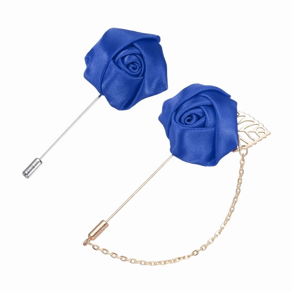 Uxcell Rose Flower Lapel Pin for Men, 2 Style Cloth Rose Brooch Kit Gold Leaf Tassel Chain Satin Badge Suit Pin Boutonnieres Stick Brooch for Men Suit, Blue