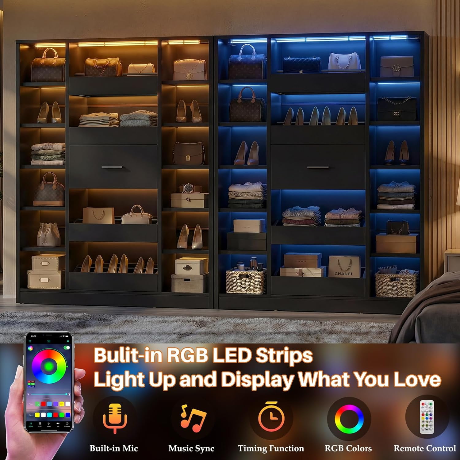 7-Tier Shoe Cabinet with 12 Shelves & 5 Drawers, 40''W Shoe Rack with LED Lights, Holds Up 30+ Pairs of Shoes, Multi-Functional Organizer Cabinet for Entryway/Hallway/Closet, Black