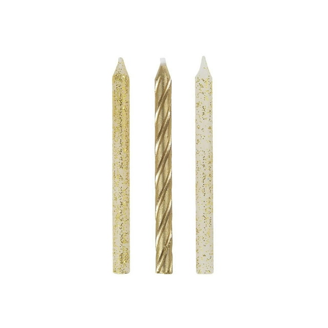 Set of three birthday candles featuring gold glitter and one with a gold spiral pattern, ideal for festive celebrations.