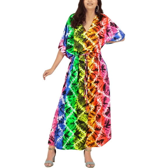 LA LEELA Women's Summer Loungewear African Beach Maxi Kaftan Ethnic Print Casual Slit Dress Caftan Dresses for Women 2X-3X Navy, Aztec