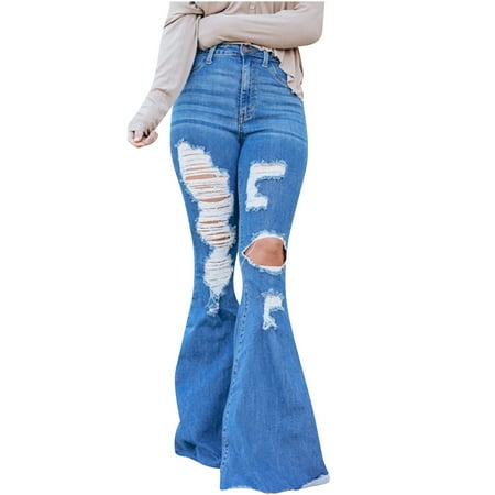 

Plus Size Women Long Pants Casual Distressed Pants High Waist Flare Pants