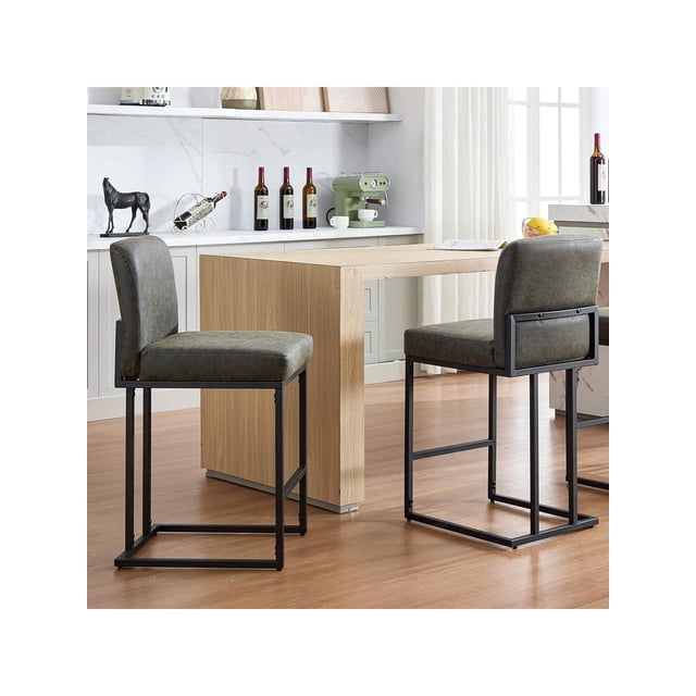 Ourlova 24 Inch Home Bar Stools 2 Pack Counter Height Bar Stools With Back Modern PU Leather Barstools For Kitchen Island Upholstered Bar Chair With Black Metal Frame Footrest