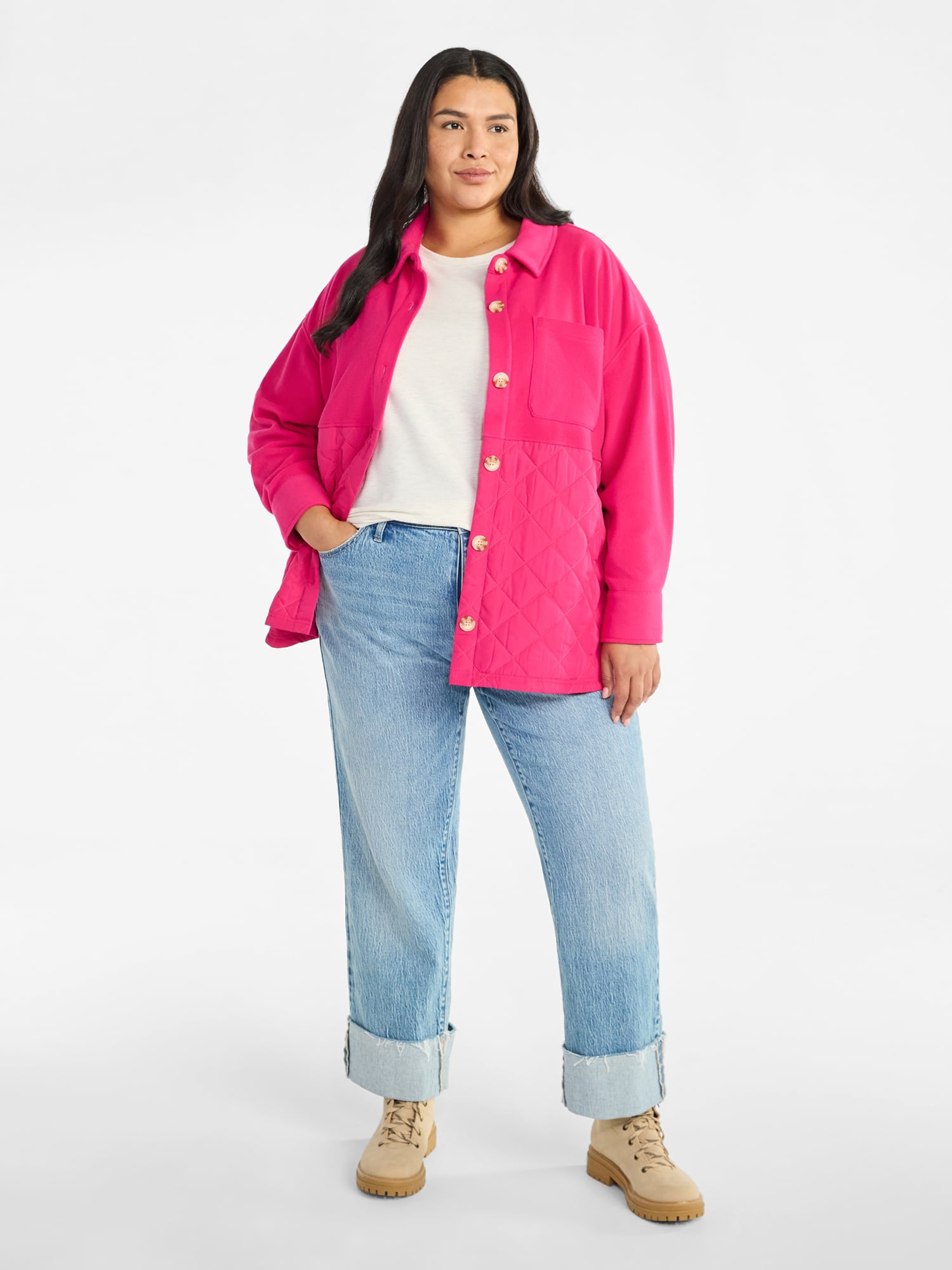 Terra & Sky Women's Plus Size Quilt Mix Button Front Shacket with Long Sleeves, Sizes 1X-5X