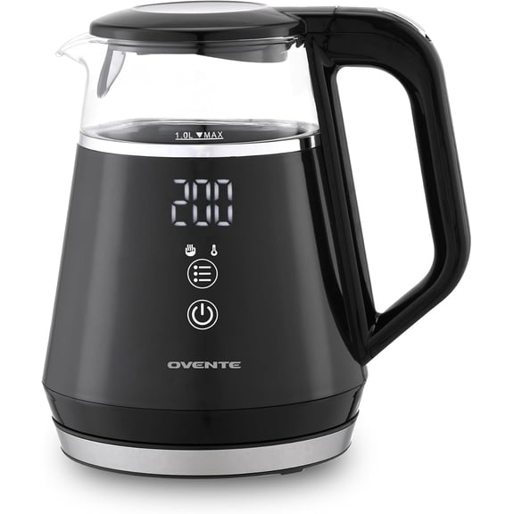 OVENTE 1L Electric Kettle with Temperature Control, 1500W, Black KD95B | Water Boiler With Digital Display, 5Hr Keep Warm, Auto Shut-Off, Double-Wall Cool-Touch Exterior, BPA-Free Borosilicate Glass