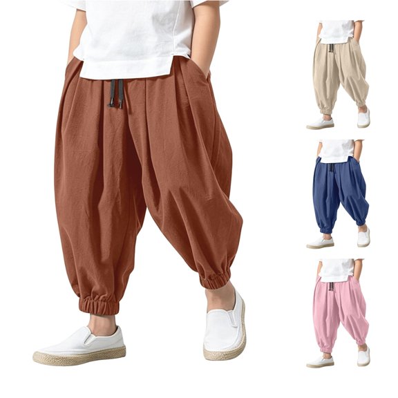 OSOLU Boys Harem Pants Casual Drawstring Solid Color Pleated Summer Lightweight Tapered Ankle-Tied Pants For Kids 2-14Y Trendy Trousers