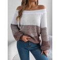 thumbnail image 4 of Women Crochet Knit Casual Color Block Off Shoulder Trendy Sweaters Pullover Lantern Sleeve Warm Tops Coffee M, 4 of 9