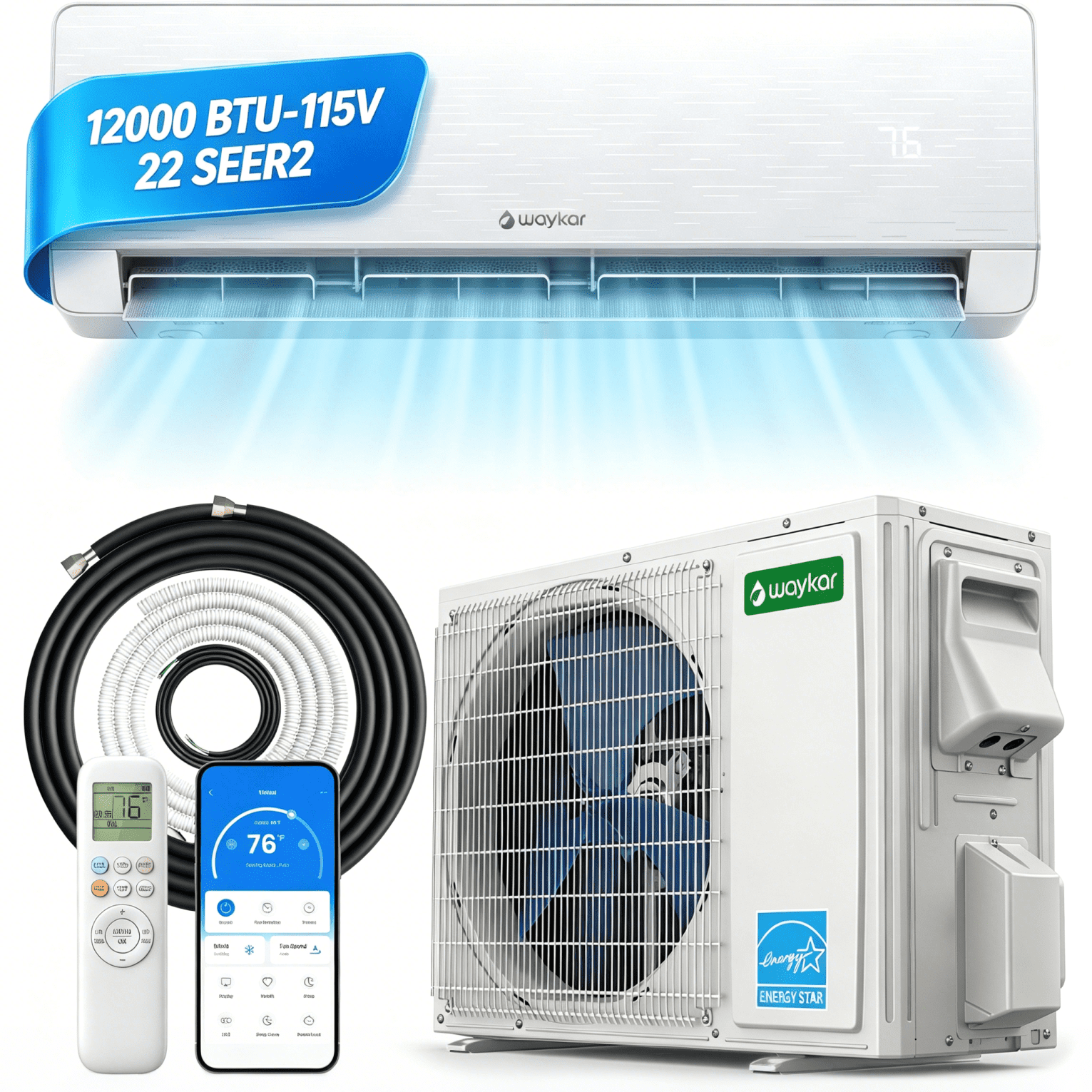 Waykar 12000 BTU 115V 22 SEER2 Energy Star Mini Split Air Conditioner & Heat Pump, WiFi Alexa Enabled, Pre-Charged R32 Eco Refrigerant, DIY-Friendly Installation Kit