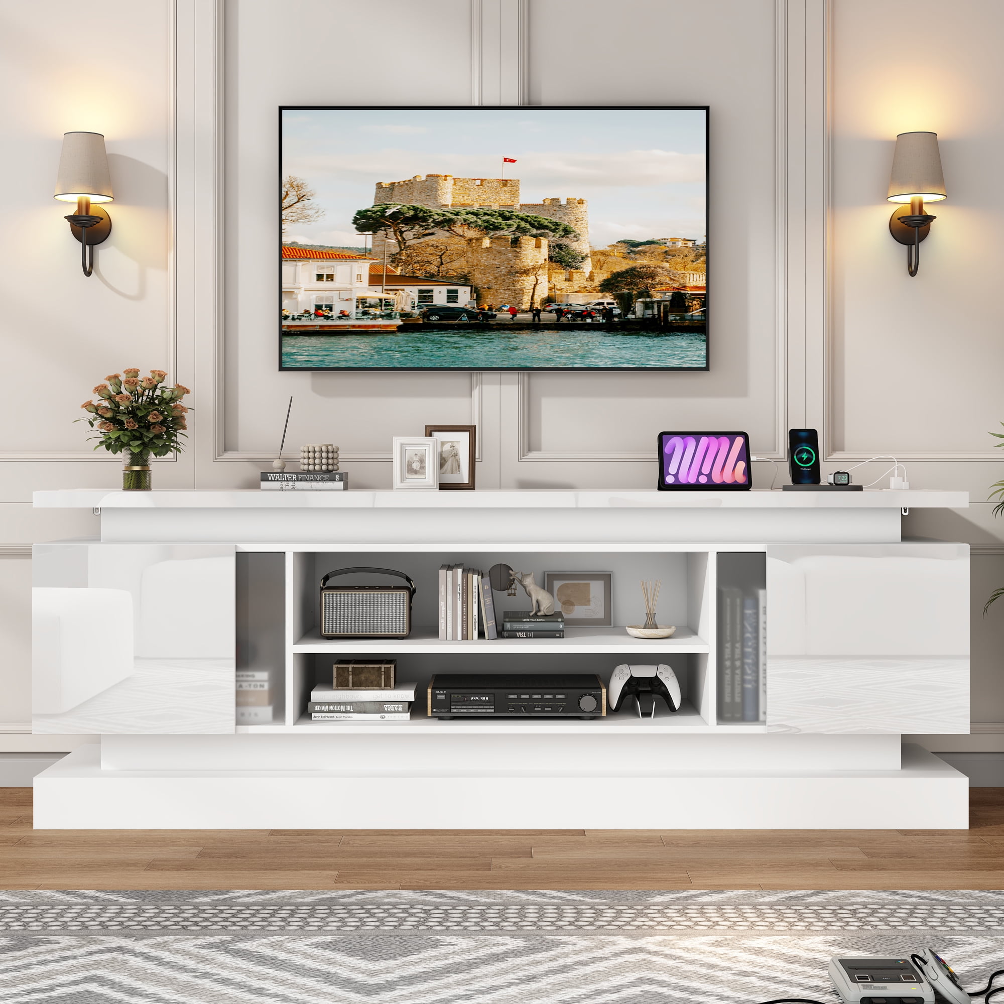 ChVans 71" LED TV Stand for TVs up to 85" with Power Outlets, High Gloss Surface, 2 Storage Cabinet, Modern Style, TV Media Console with Storage, White
