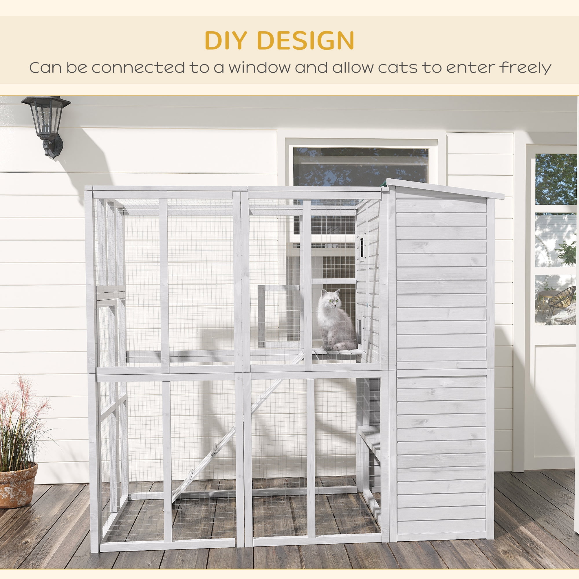 PawHut Large Wooden Outdoor Cat House Kitten Enclosure with Large Run, Asphalt Roof, Catio for Lounging, and Condo Area for Sleeping - 77"L, White