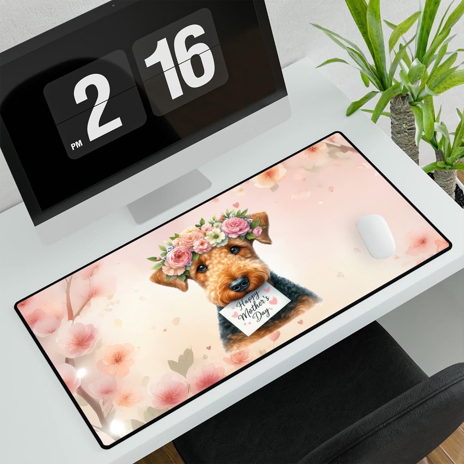 Happy Mother's Day Airedale Terrier with Flower Crown and Greeting Card Desk Mat Full Keyboard Mouse Pad Dale Waterside Dog Lover Large Mousepad - 13004