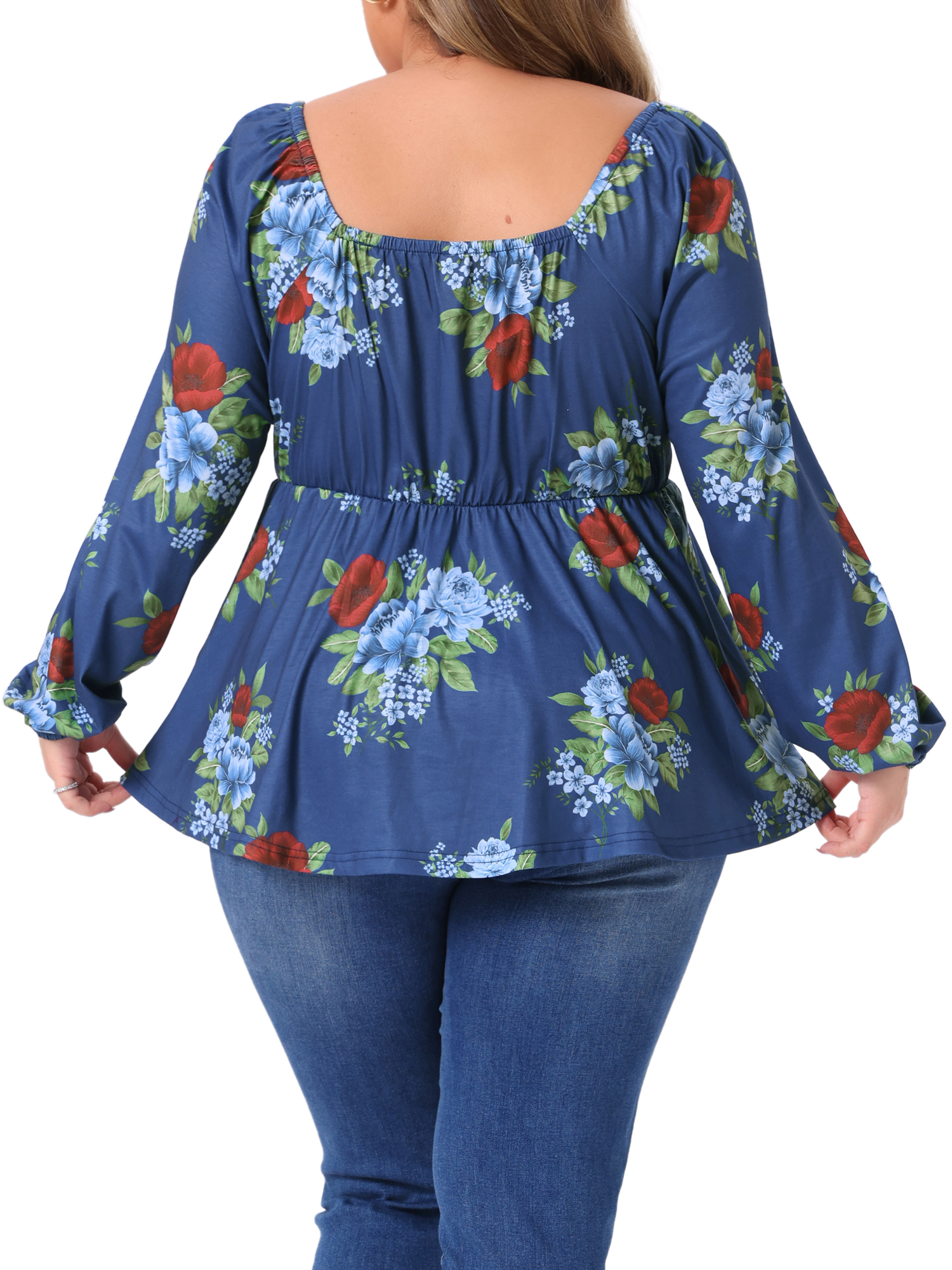DARING DIVA Women's Plus Sweetheart Neck Long Sleeve Floral Blouse 1X Blue