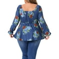 thumbnail image 4 of DARING DIVA Women's Plus Sweetheart Neck Long Sleeve Floral Blouse 1X Blue, 4 of 5