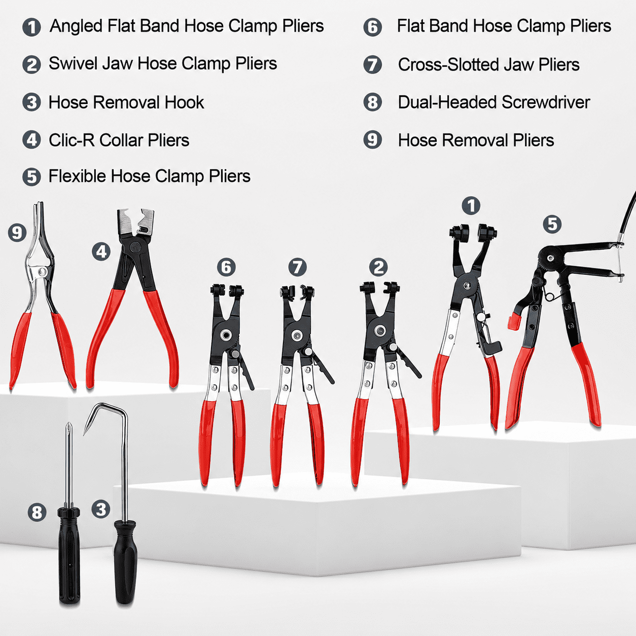 9PCS Hose Clamp Pliers Set, Long Reach Tool Remover for Automotive Radiator Water Hoses, with Case