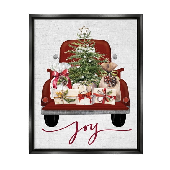 Stupell Industries Joy Holiday Red Gift Truck Graphic Art Jet Black Floating Framed Canvas Print Wall Art, Design by Lettered and Lined