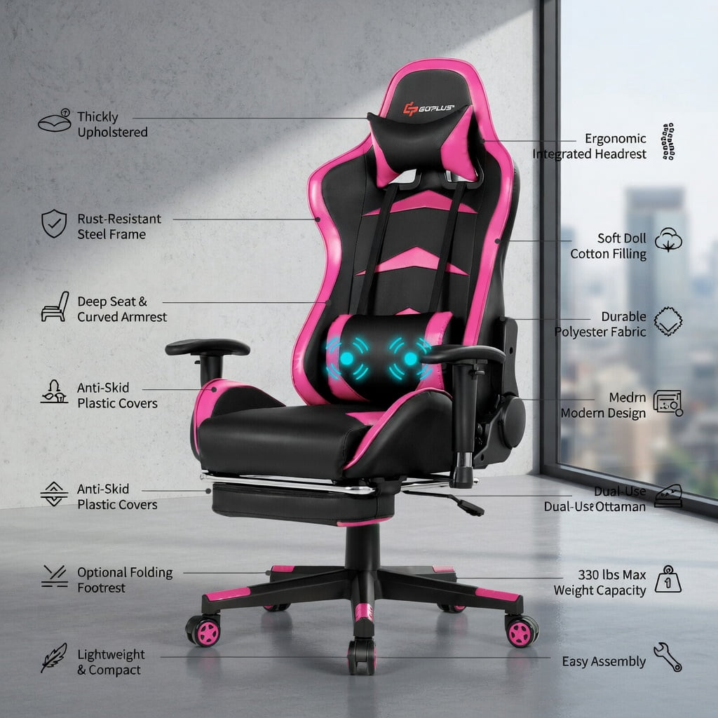 Demi Bonn Massage Gaming Chair with Footrest, Computer Chair with Headrest and Lumbar Support, Pink