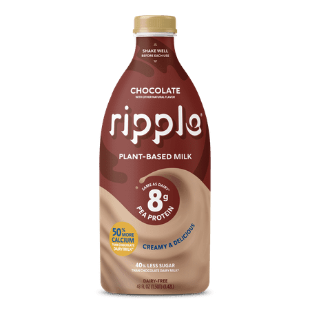 Ripple Chocolate Refrigerated Plant-Based Milk, 48 fl oz Bottle, 8g Protein, Dairy-Free, Vegan, Deliciously Creamy