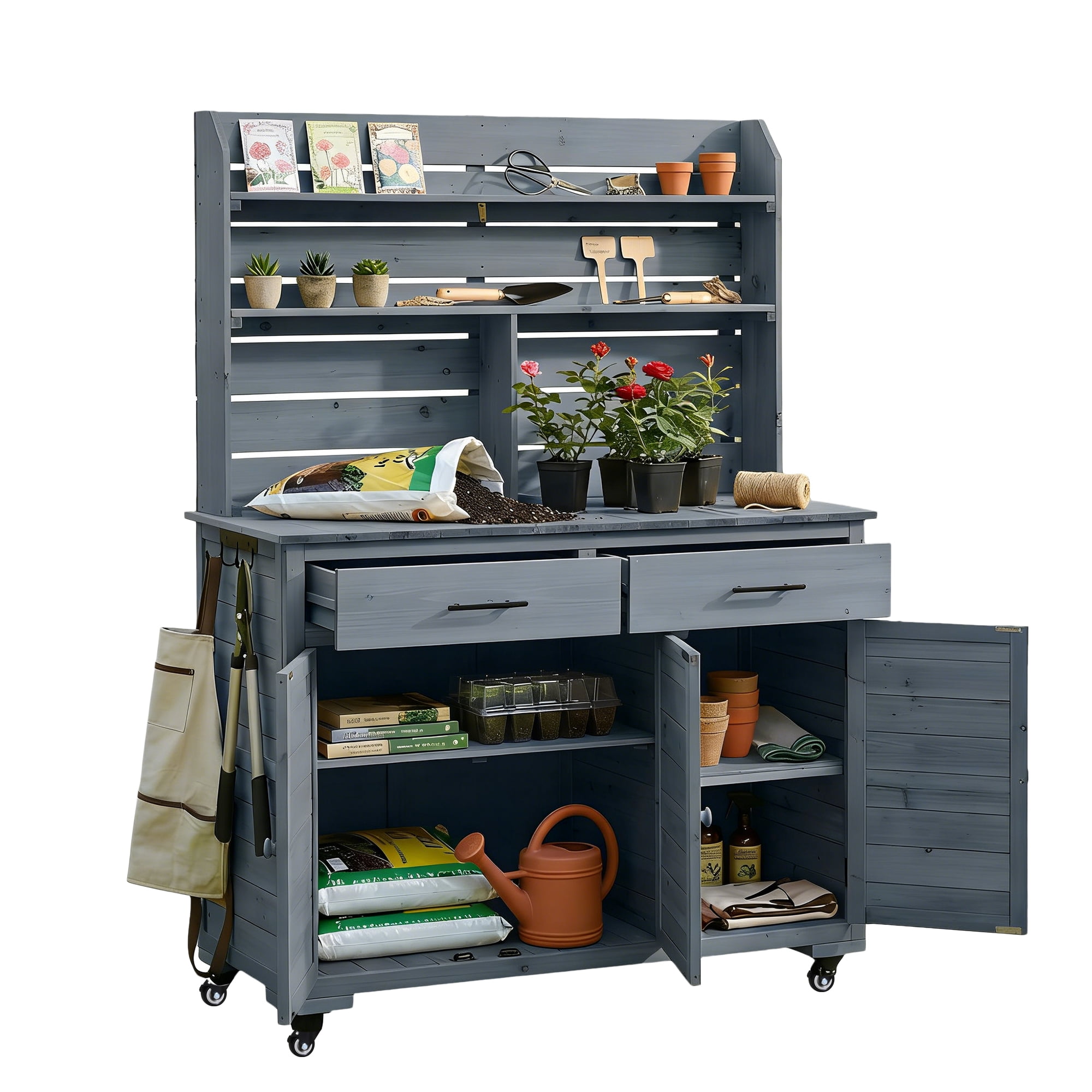 Mintazer 65"H Rolling Outdoor Potting Bench with 2 Drawers & Storage Cabinet, Farmhouse Kitchen Island Prep Cart with Hutch Top & Shelves, Gray