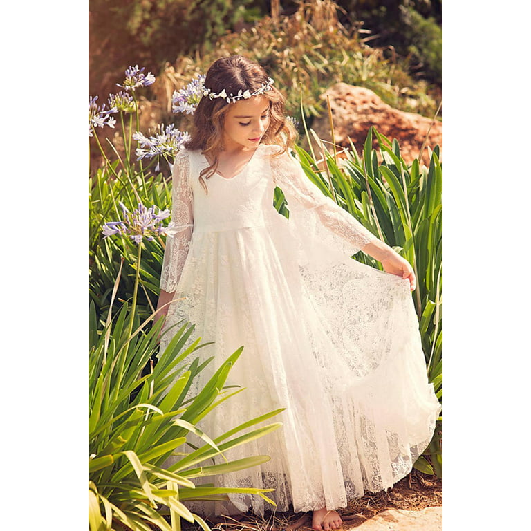 Bohemian flower girl dress, White lace flower girl dress, rustic