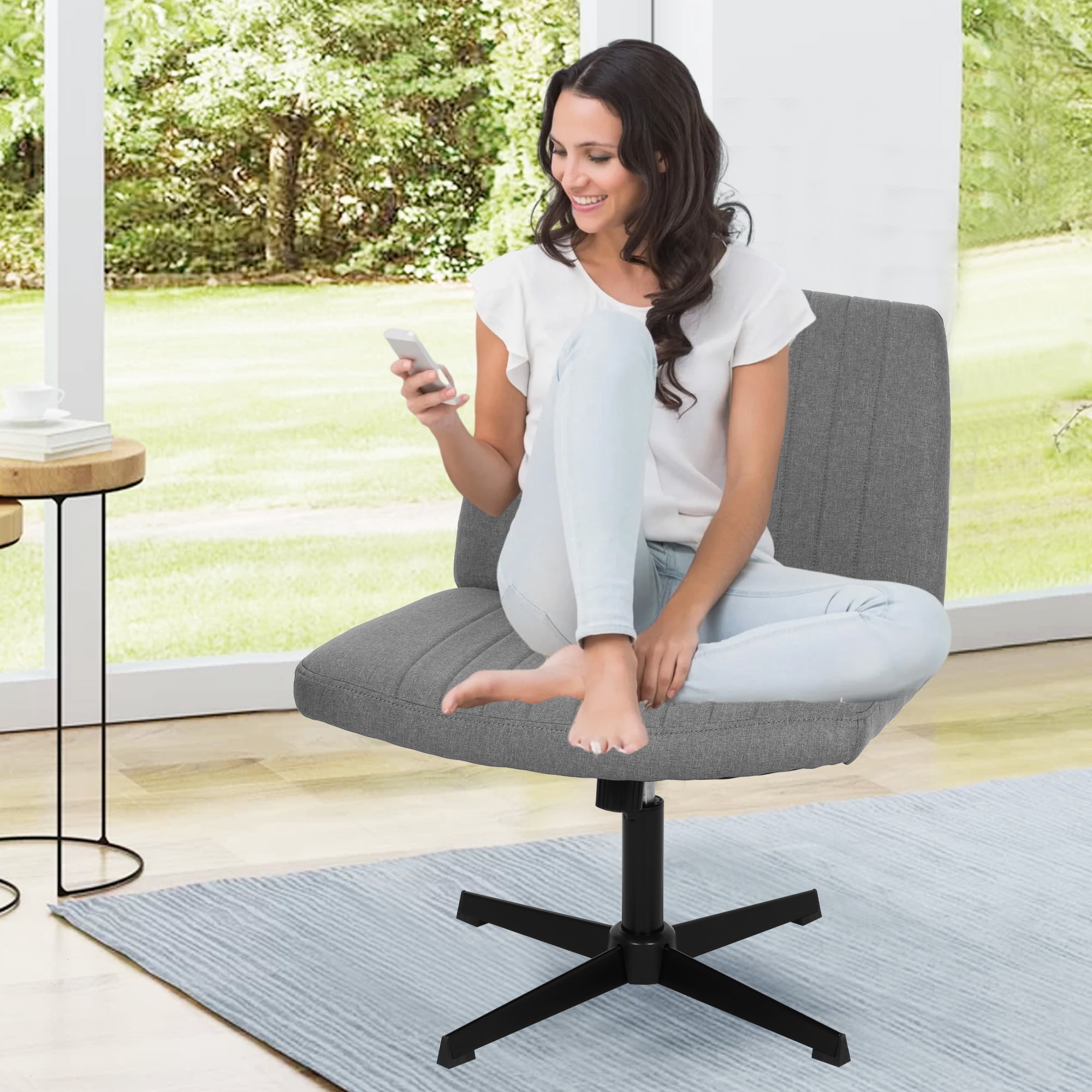 Home Office Chair Armless Criss Cross Legged Chair No Wheels, Wide Comfy Desk Chair Makeup Vanity Chair, Height Adjustable Swivel Fabric Computer Chair Task Chair, Grey