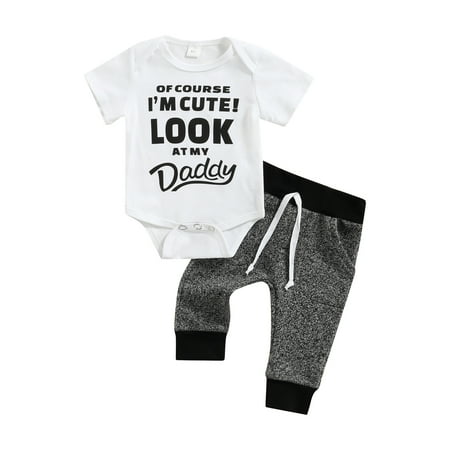 

2Pcs Toddler Baby Boy Summer Outfits Infant Boy Short Sleeve Romper Long Pants Set Letter Print Top Trousers Set