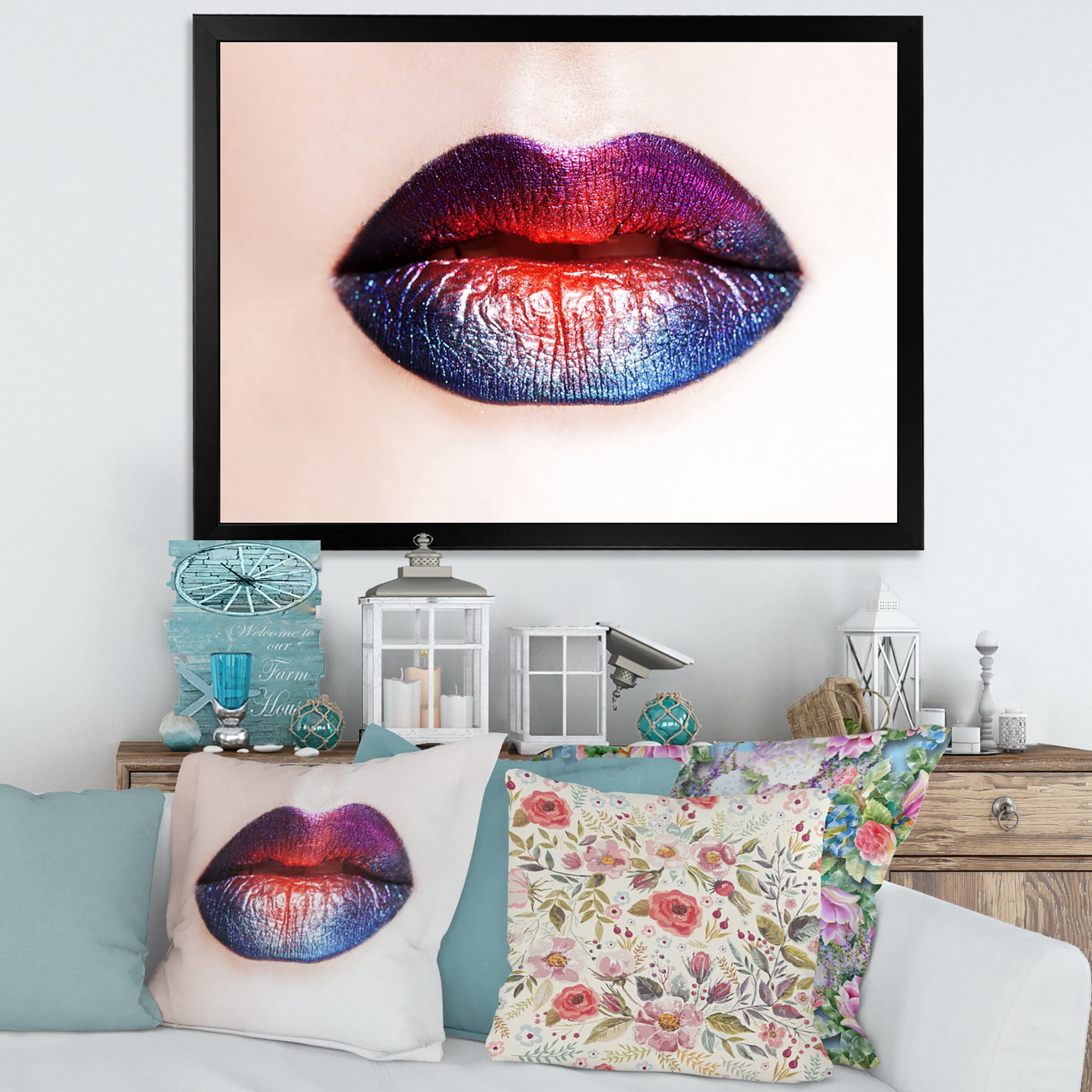 Designart 'Female Lips With Bright Multicolored Lipstick' Modern Framed Art Print